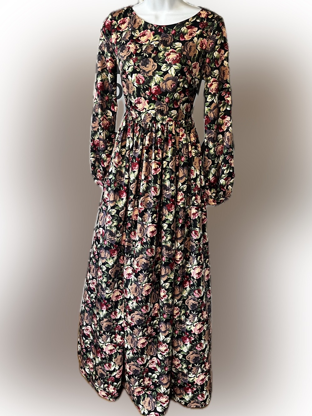Long-Sleeved Dramatic Black Floral Maxi Dress with Multicolor Rose Print